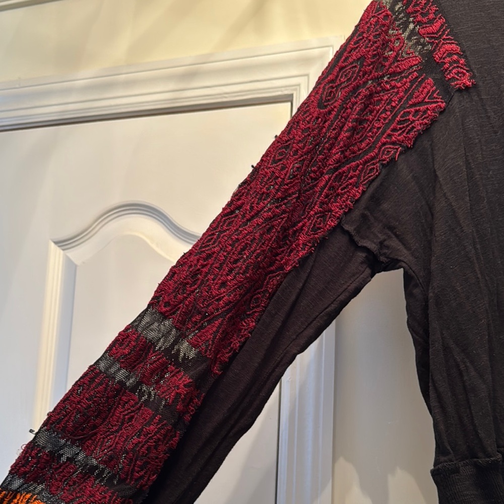 Free People Black and Red Off-the-Shoulder Sweater with Lace Sleeves - Picture 2 of 5